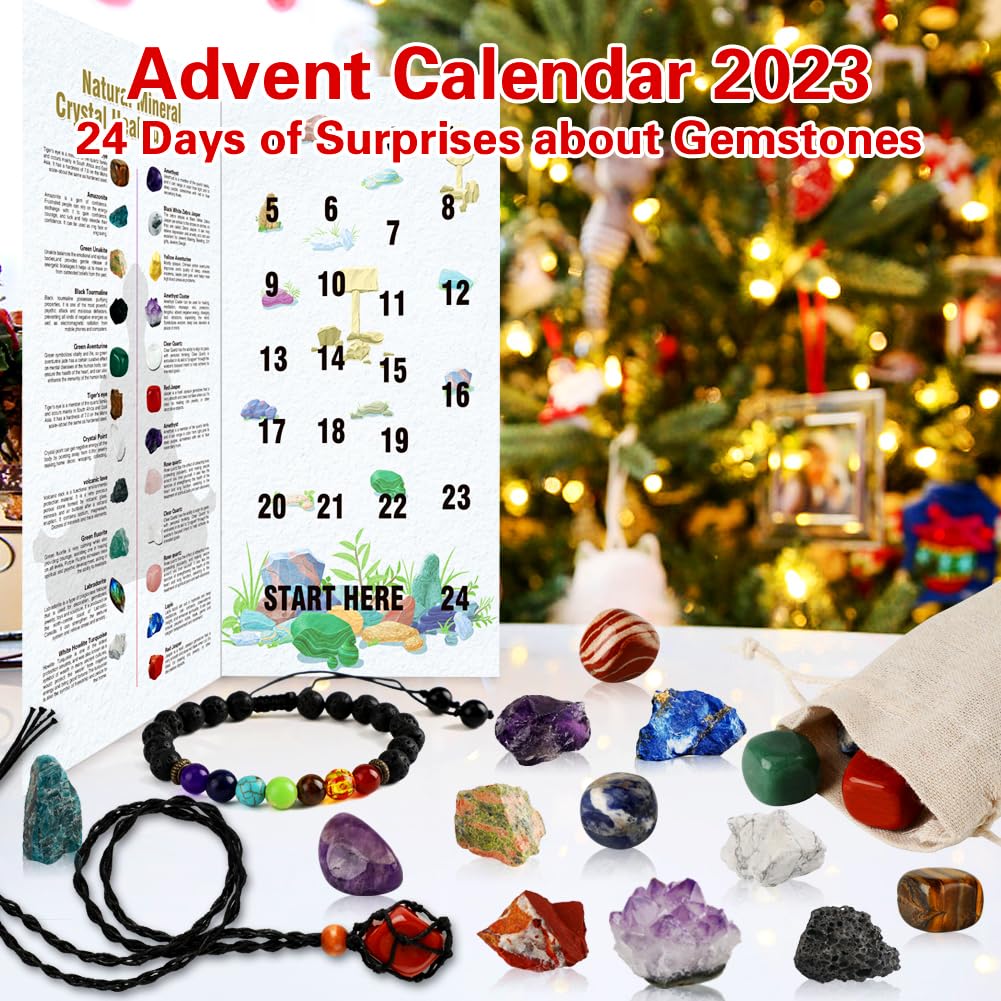 Advent Calendar 2025, Crystals and Healing Stones Christmas Countdown Calendar Natural Chakra Gemstones Set with Crystal Necklac